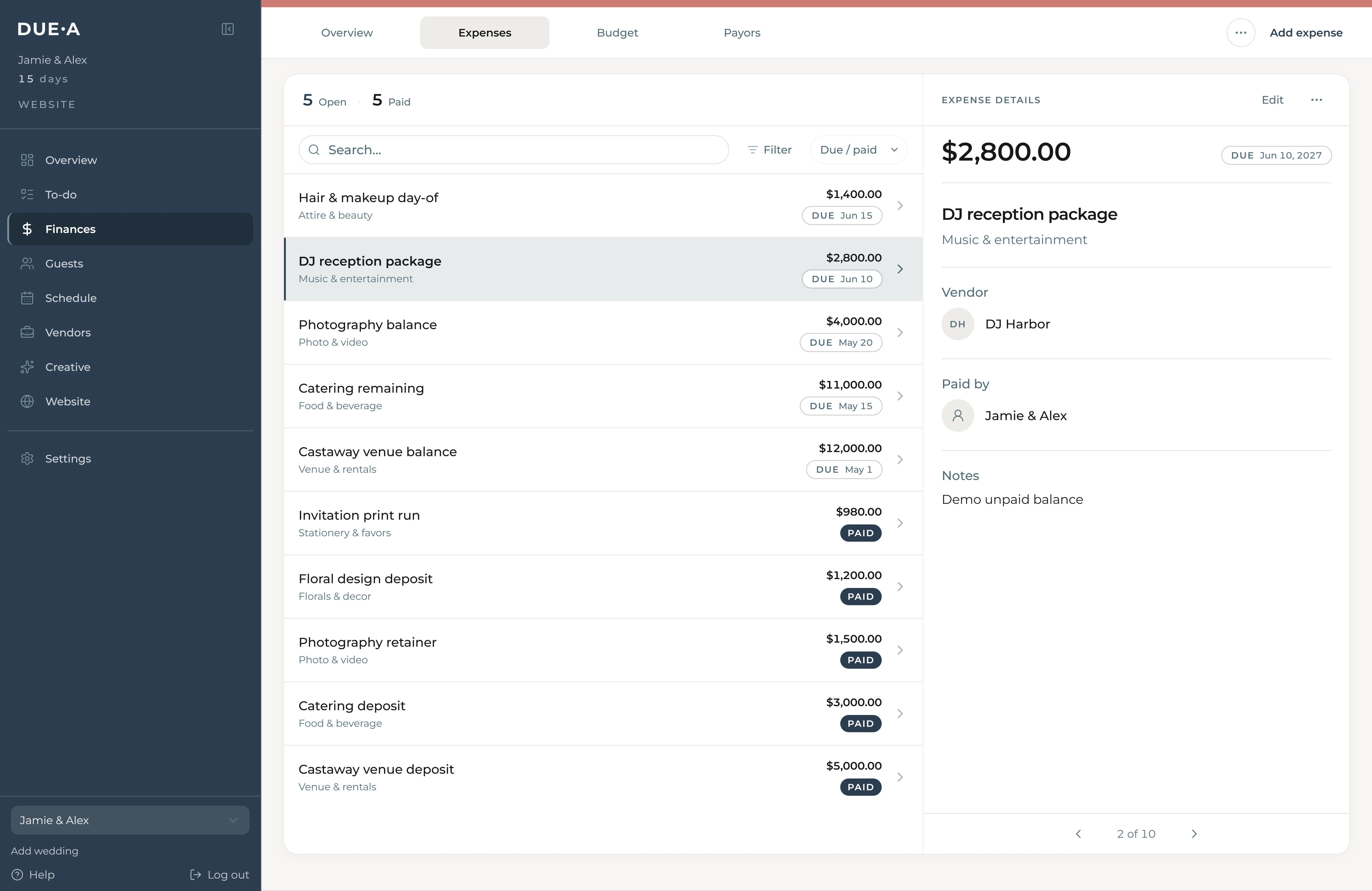 Duea finances screen showing wedding expense rows and payment details