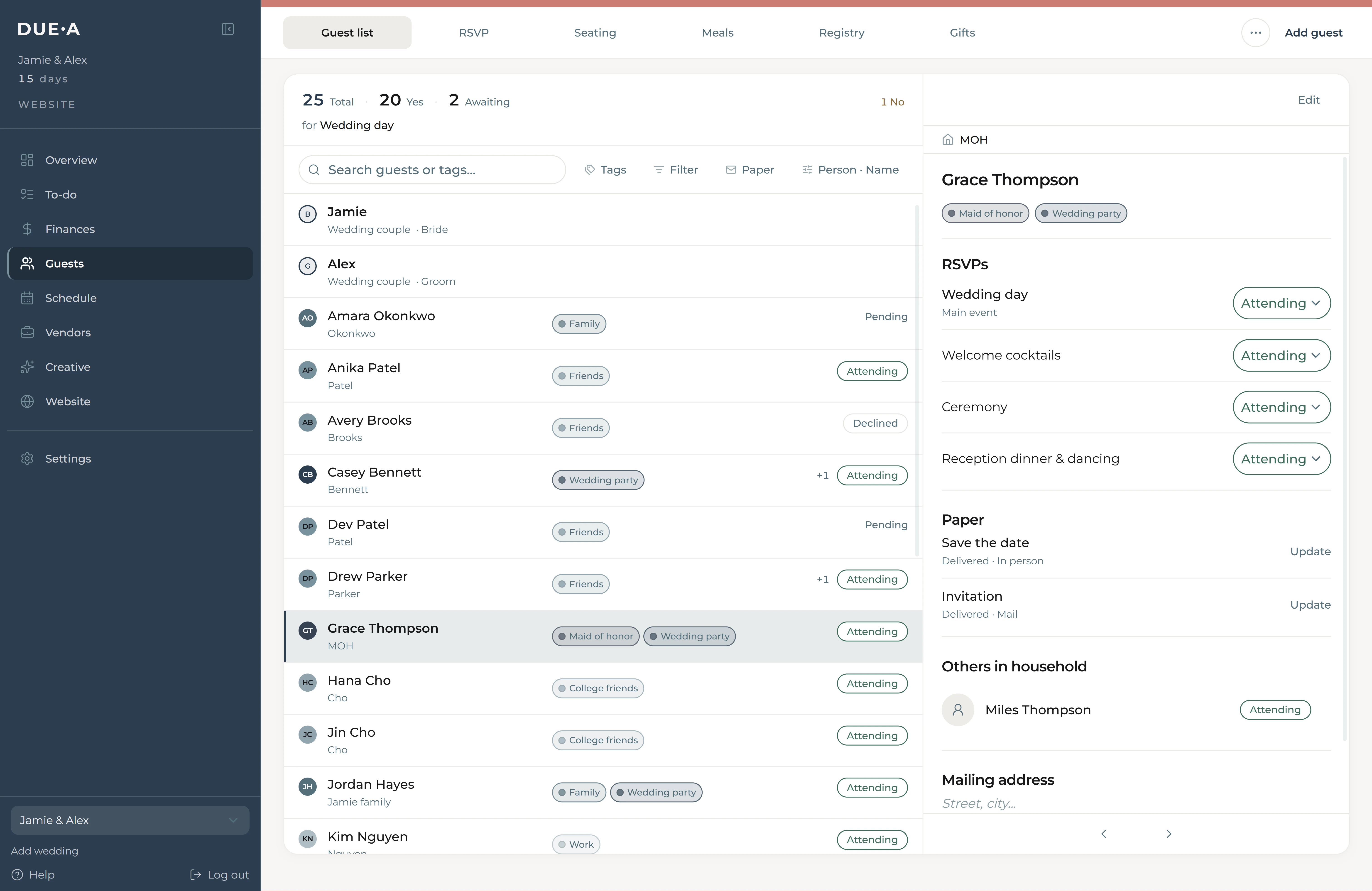 Duea guest list showing households, RSVP status, meals, and guest details