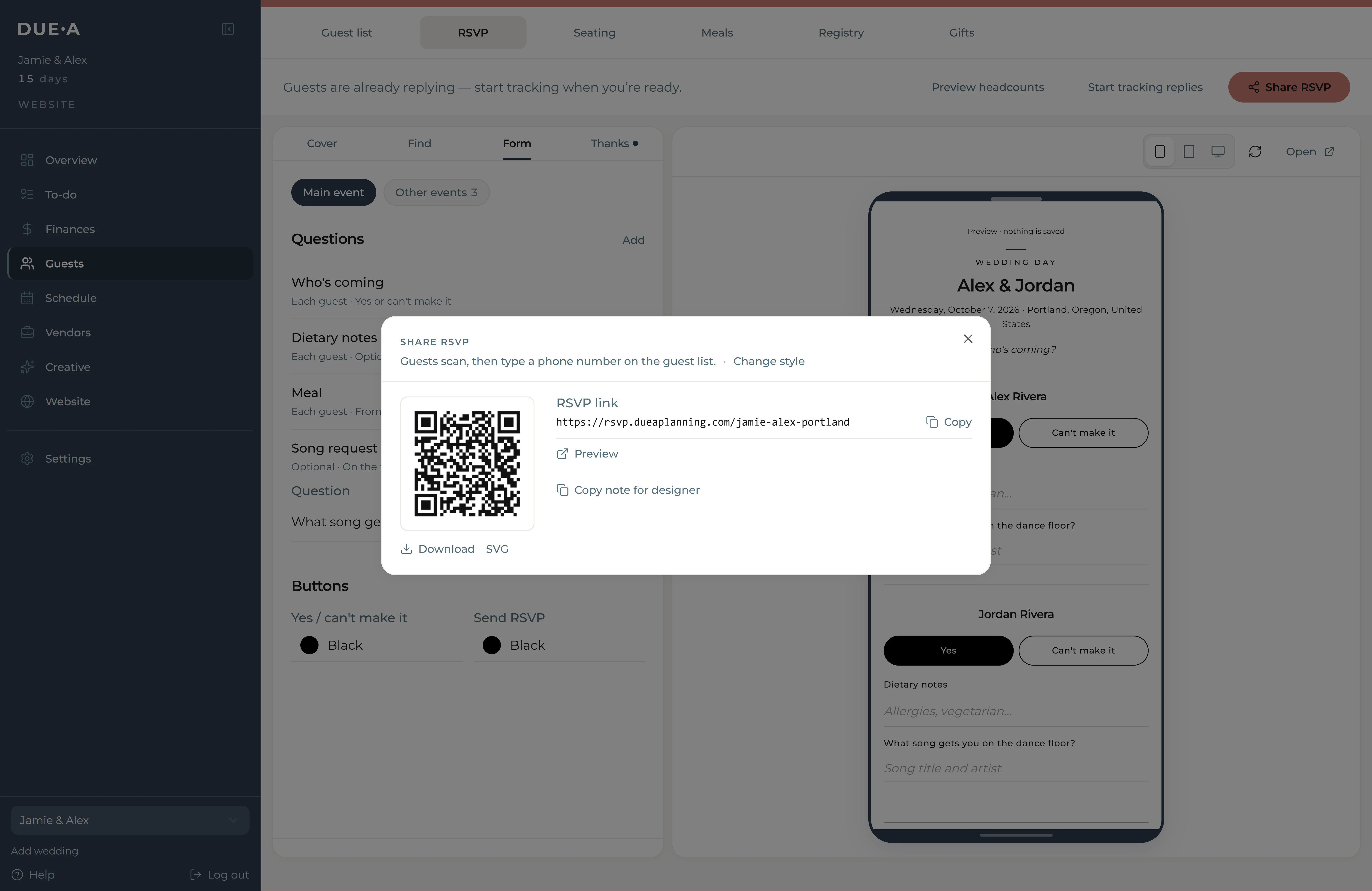Duea RSVP QR code screen for sharing wedding RSVP
