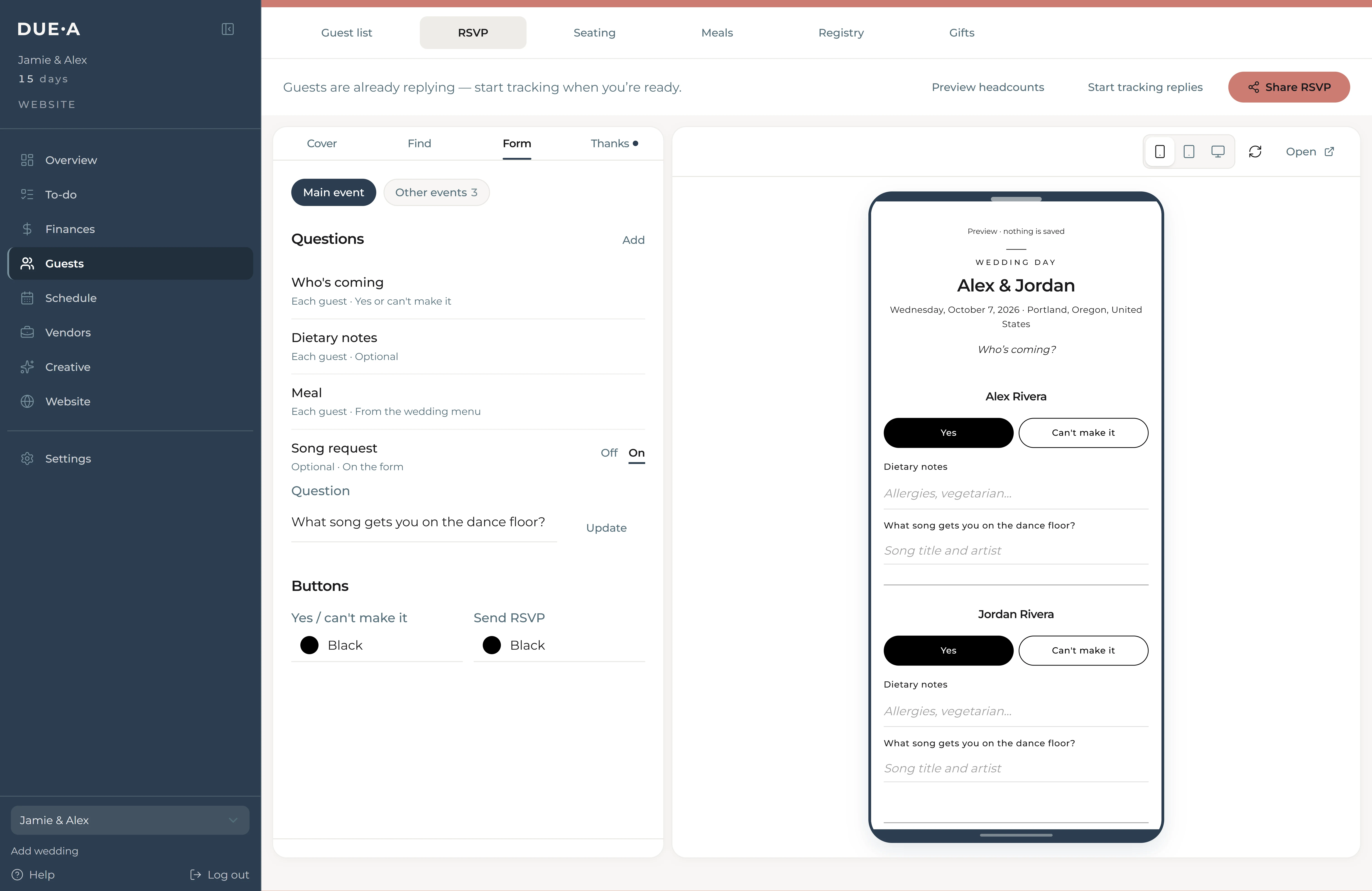 Duea RSVP dashboard showing invite settings, RSVP questions, and responses