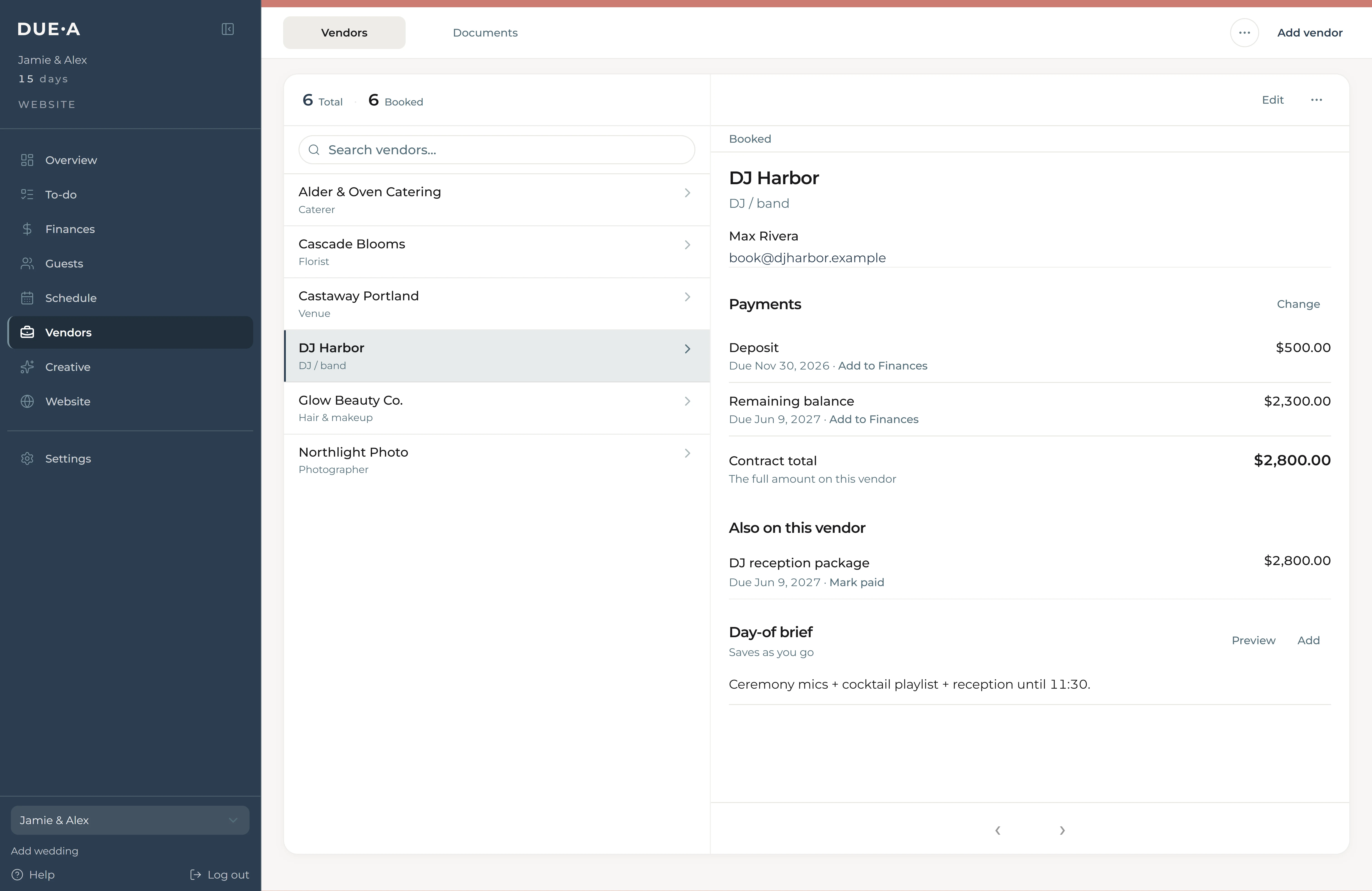 Duea vendor directory and planning notes for day-of handoff