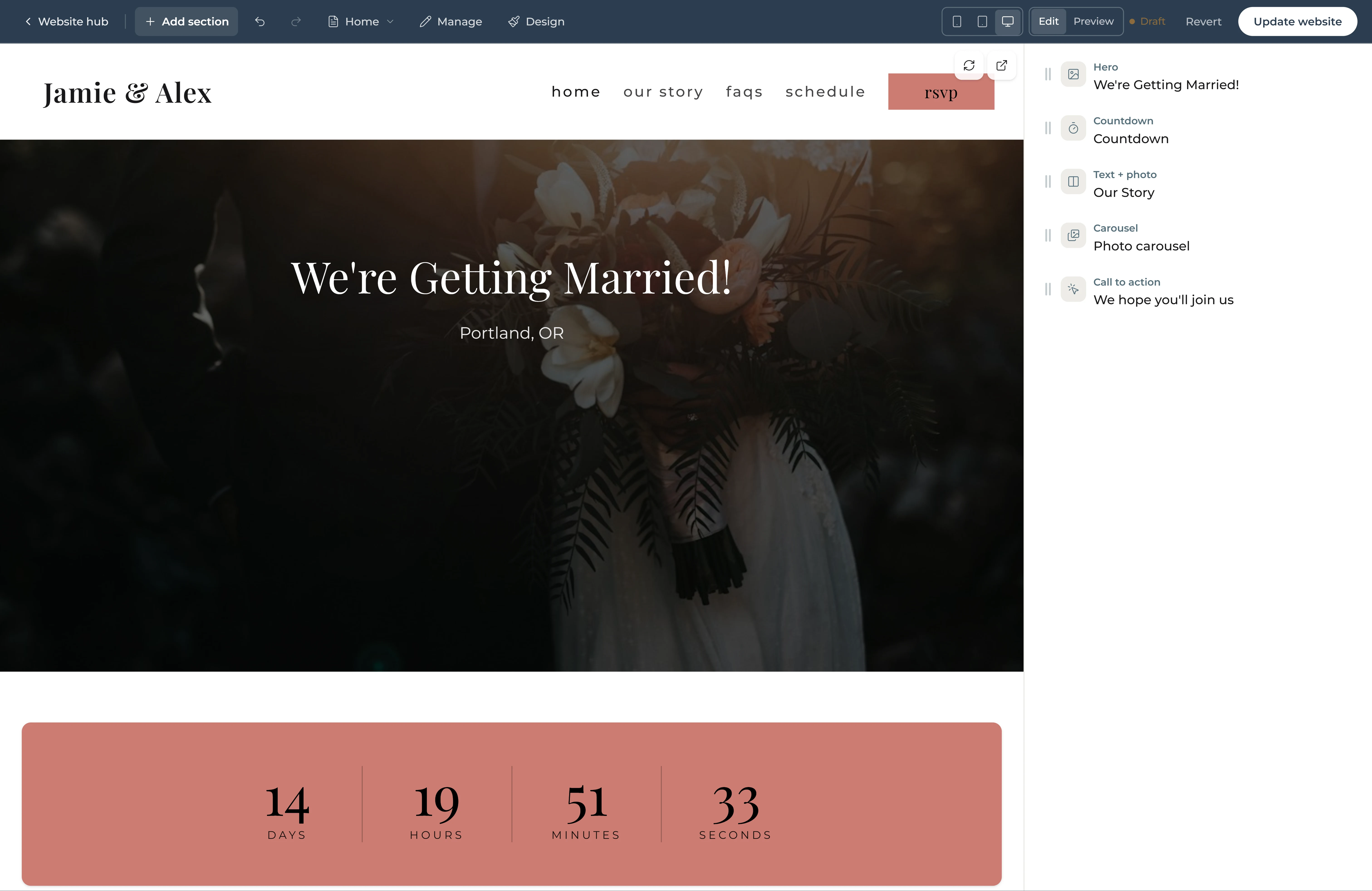 Example Duea guest website with wedding information and RSVP links