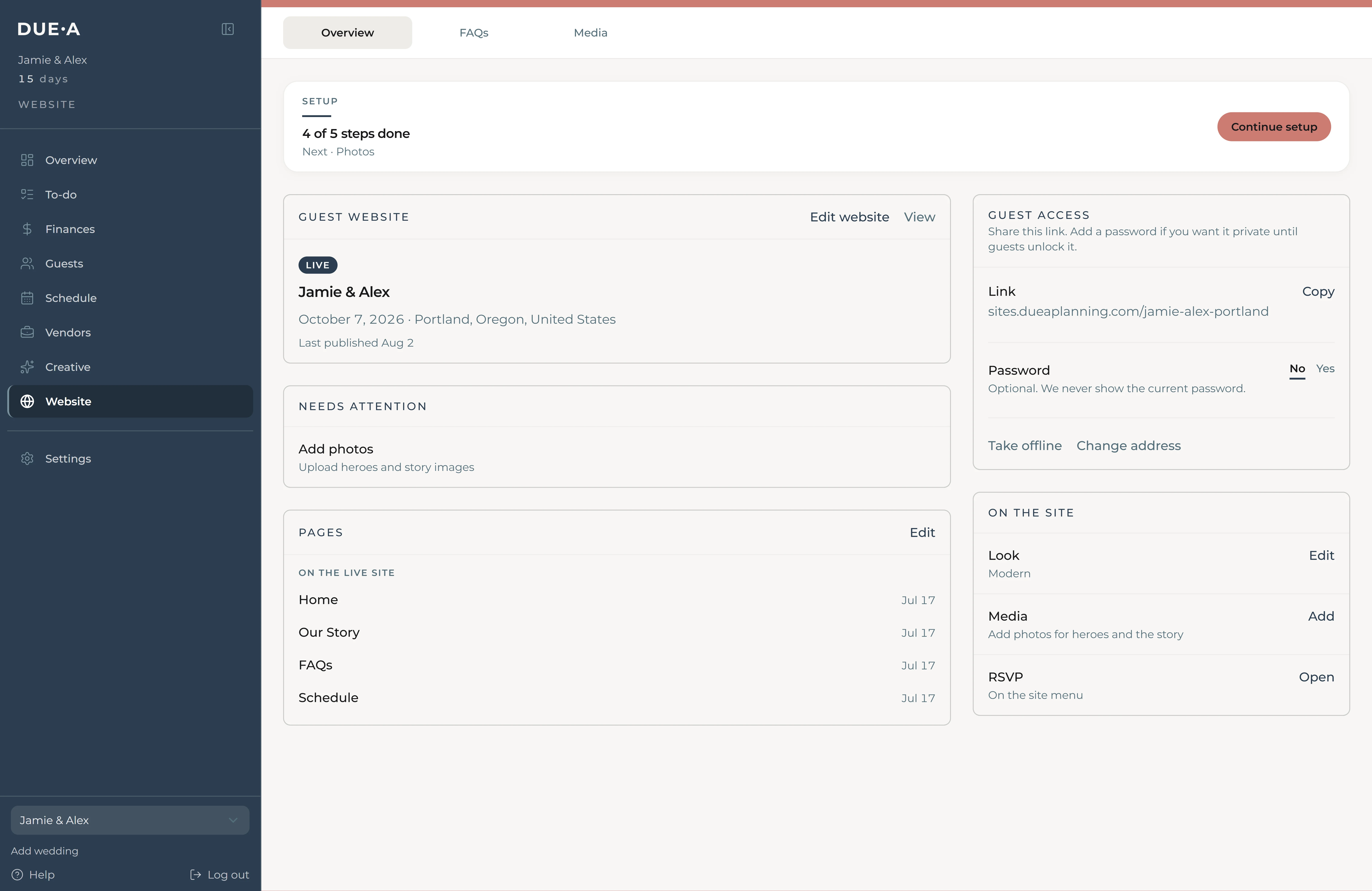 Duea guest website editor showing wedding website pages and settings